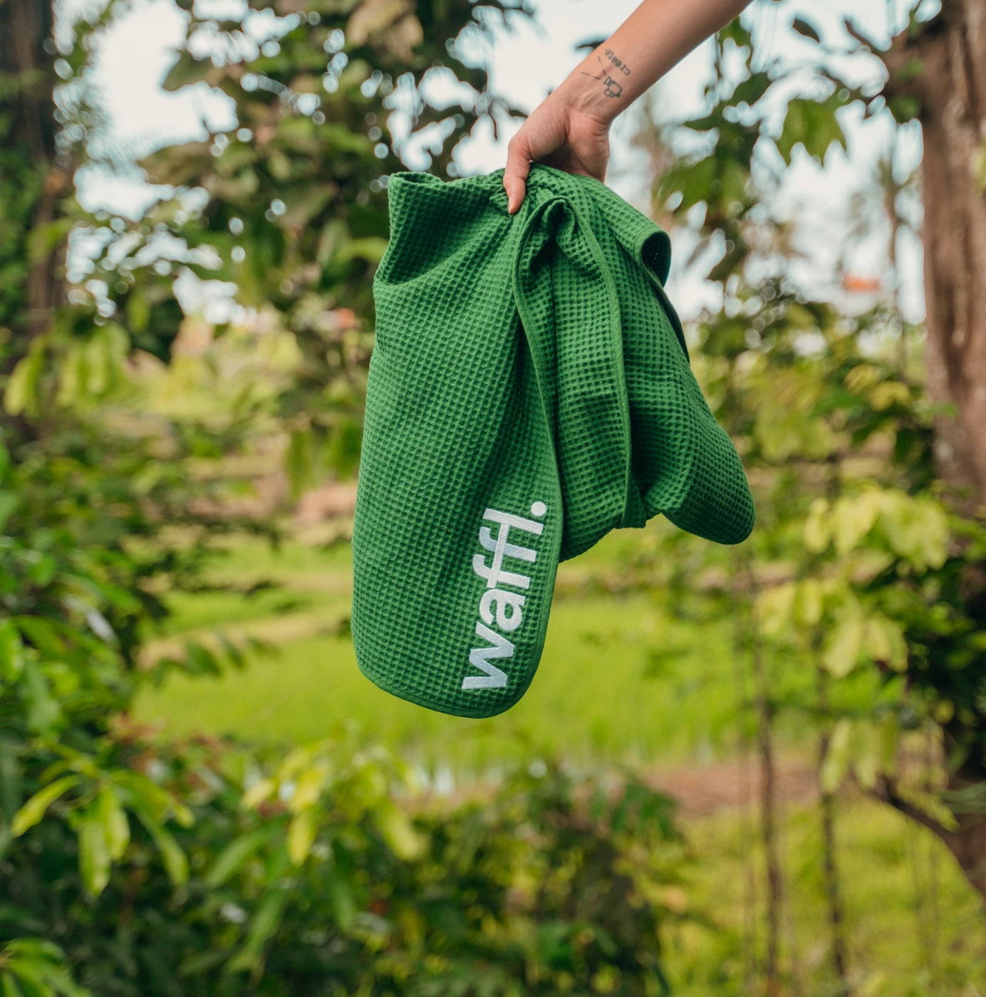 bottle green waffl towel
